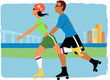 Young couple roller skating in a city in summer