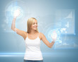 Photo: woman working with virtual screen woman working with virtual screen