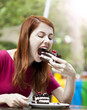Style redhead girl with cake and cup