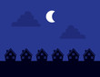 Houses Silhouettes at night with moon