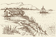 Vector landscape. Fisherman's hut on a cliff near sea