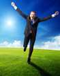 happy business man running on spring field