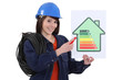 Woman pointing at energy rating poster