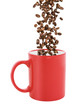 red coffee cup isolated with falling coffee beans