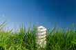 energy saving bulb in green grass under deep blue sky