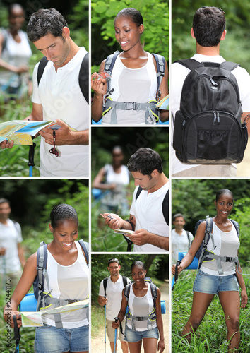 Photo: Montage of couple hiking in the woods Montage of couple hiking in the woods