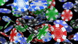 Poker chips falling on white background.