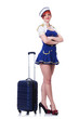 Woman travel attendant with suitcase on white