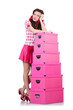 Young woman with storage boxes on white
