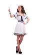Stewardess pressing virtual buttons in the air