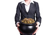 Woman holding pot of gold coins