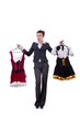 Woman trying to choose dress on white
