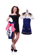 Woman trying to choose dress on white