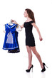 Woman trying to choose dress on white