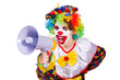 Clown with loudspeaker on white