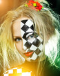Closeup of woman with a chess pattern