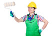 Woman painter with paintbrush on white