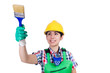 Woman painter with paintbrush on white