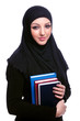 Young muslim woman with book on white