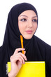 Young muslim woman with book on white