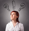 Young lady thinking with question marks overhead