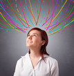 Young girl thinking with colorful abstract lines overhead