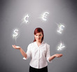 young lady standing and juggling with currency icons