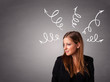 Foto: Young woman thinking with arrows overhead Young woman thinking with arrows overhead