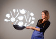Photo: Young woman with kitchen accessories icons Young woman with kitchen accessories icons