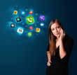 Young woman calling by phone with various icons