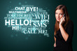 Young girl calling by phone with word cloud