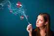 Young woman smoking dangerous cigarette with no smoking signs