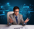 Photo: Businessman doing paperwork with futuristic backgroung Businessman doing paperwork with futuristic backgroung