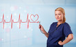 Young nurse listening to abstract pulse with red heart