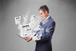 Middle aged businessman holding notebook and reading the explosi