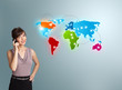young woman making phone call with colorful world map