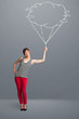 Photo: Pretty lady holding a cloud balloon drawing Pretty lady holding a cloud balloon drawing