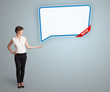 young woman presenting modern speech bubble copy space