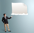 attractive man presenting modern copy space on clouds