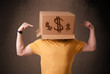 Young man gesturing with a cardboard box on his head with dollar