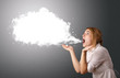 Photo: Young woman with abstract modern speech bubble Young woman with abstract modern speech bubble