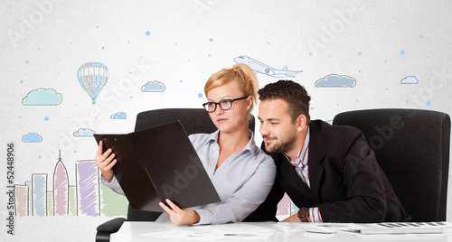 Photo: Businessman and businesswoman with colorful city sky-scape backg Businessman and businesswoman with colorful city sky-scape backg