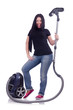 Young woman with vacuum cleaner on white