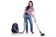 Young woman with vacuum cleaner on white