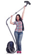Young woman with vacuum cleaner on white