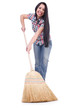 Young woman with broom isolated on white
