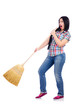 Young woman with broom isolated on white
