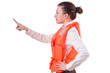 Woman in vest pressing virtual buttons