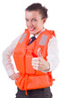 Young woman with life vest on white