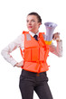 Young woman with vest and loudspeaker on white